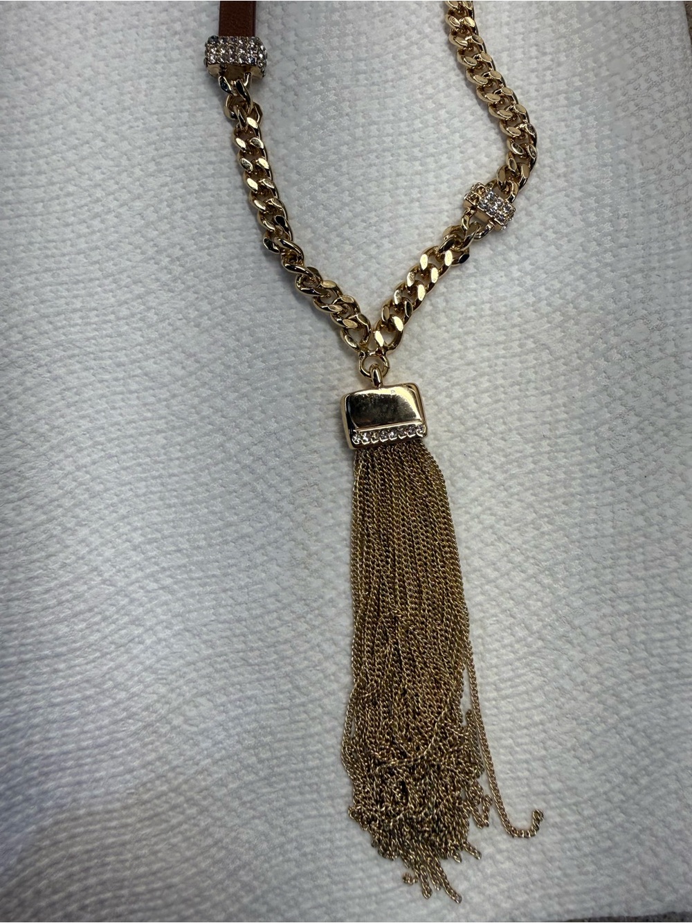 White House Black Market Gold Tassel Necklace with Leather and Gold Chain